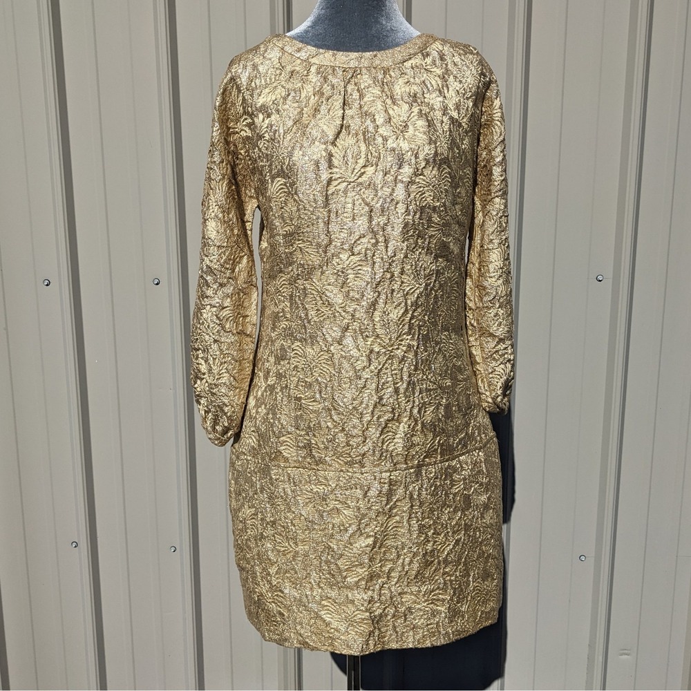 Vera Wang Metallic Gold Brocade Party Dress US 4/EU 38 Drop Waist Mini Cocktail
